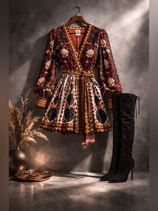 Farm Rio Tapestry Garden Multicolor V Neck Wrap Mini Dress NWT Medium - Picture 3 of 16